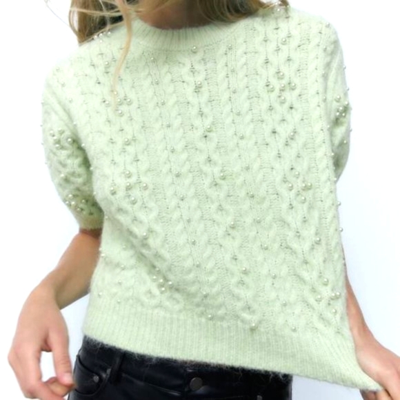 Zara Pearl Knit Crew Neck Sweater Top - Picture 3 of 10